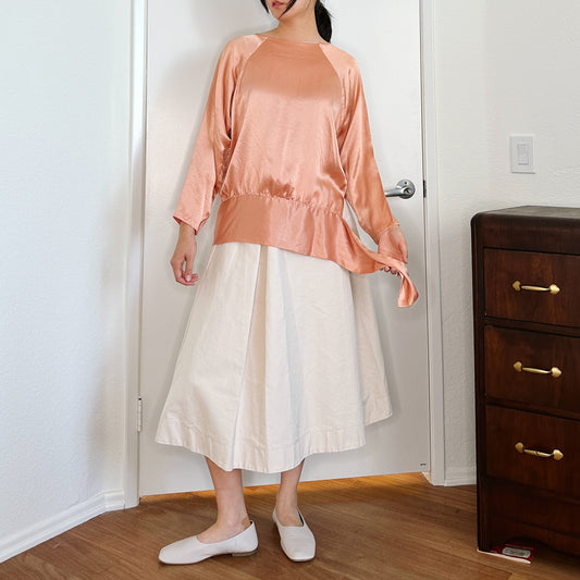 70's Salmon Satin Tie Blouse | M