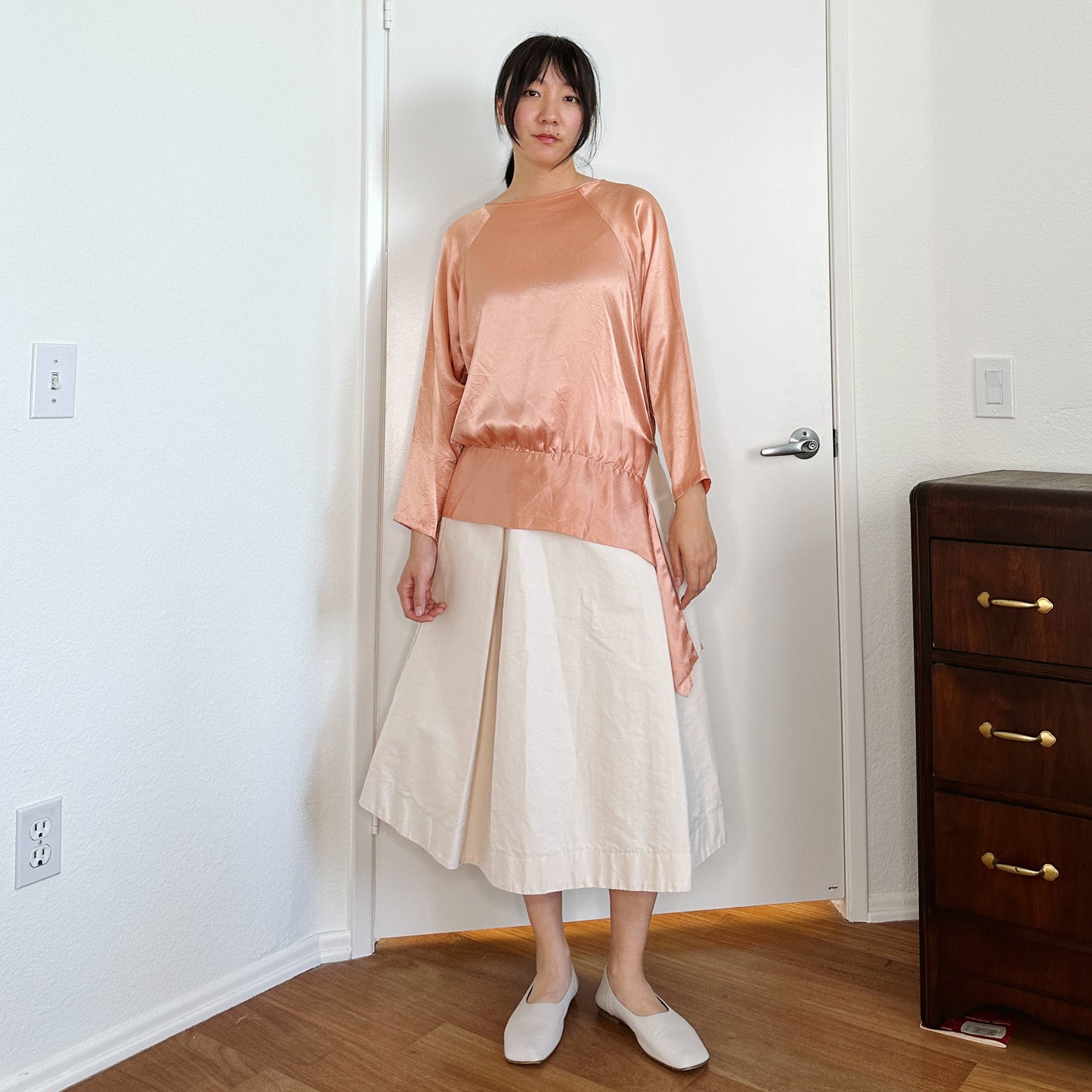 70's Salmon Satin Tie Blouse | M