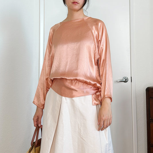 70's Salmon Satin Tie Blouse | M