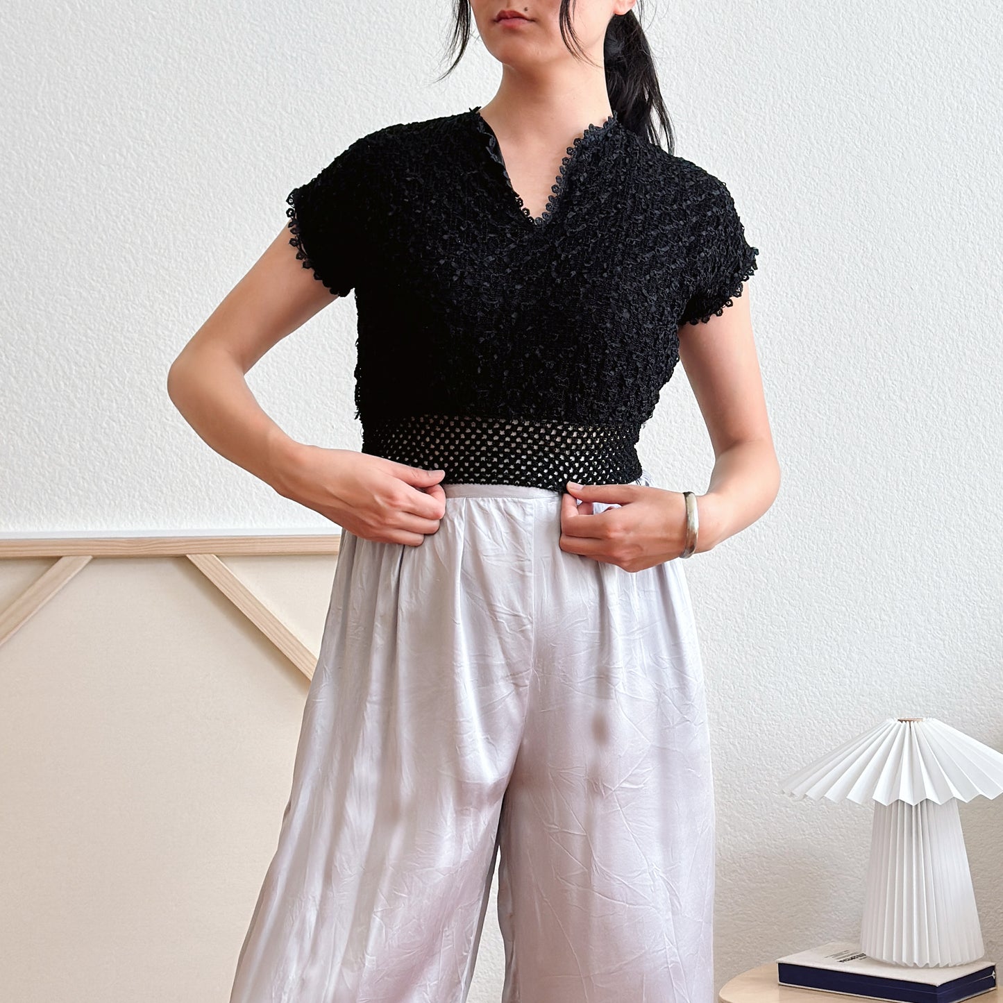 70's Black Crochet Crop Top | S