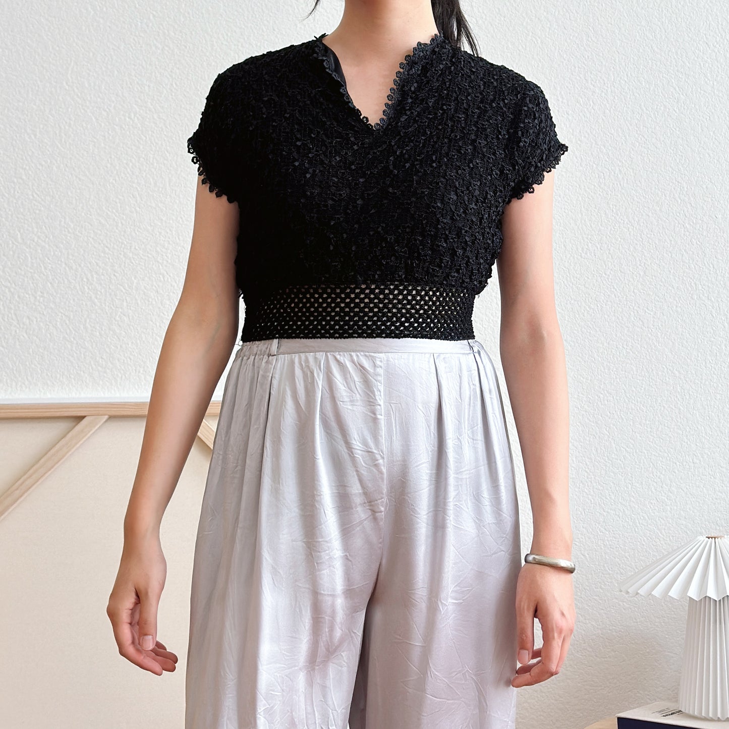 70's Black Crochet Crop Top | S