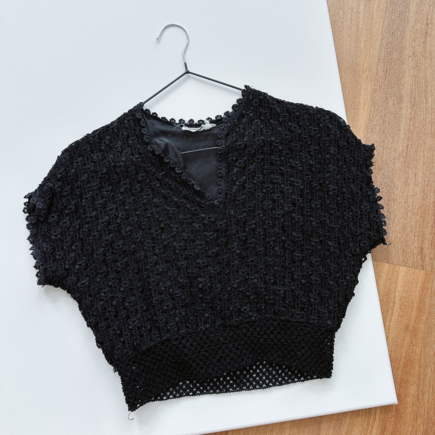 70's Black Crochet Crop Top | S