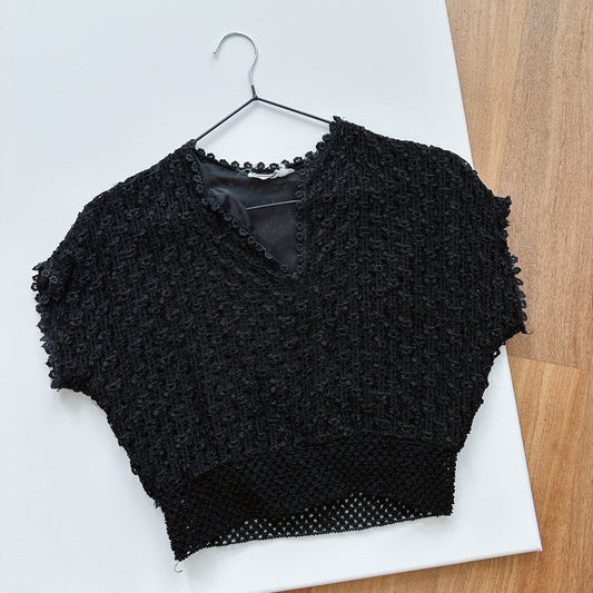 70's Black Crochet Crop Top | S