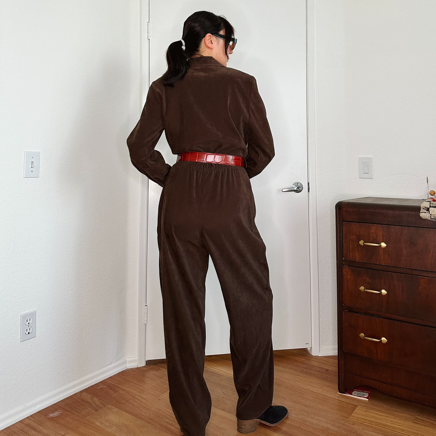80's Brown Faux Suede Jumpsuit | L