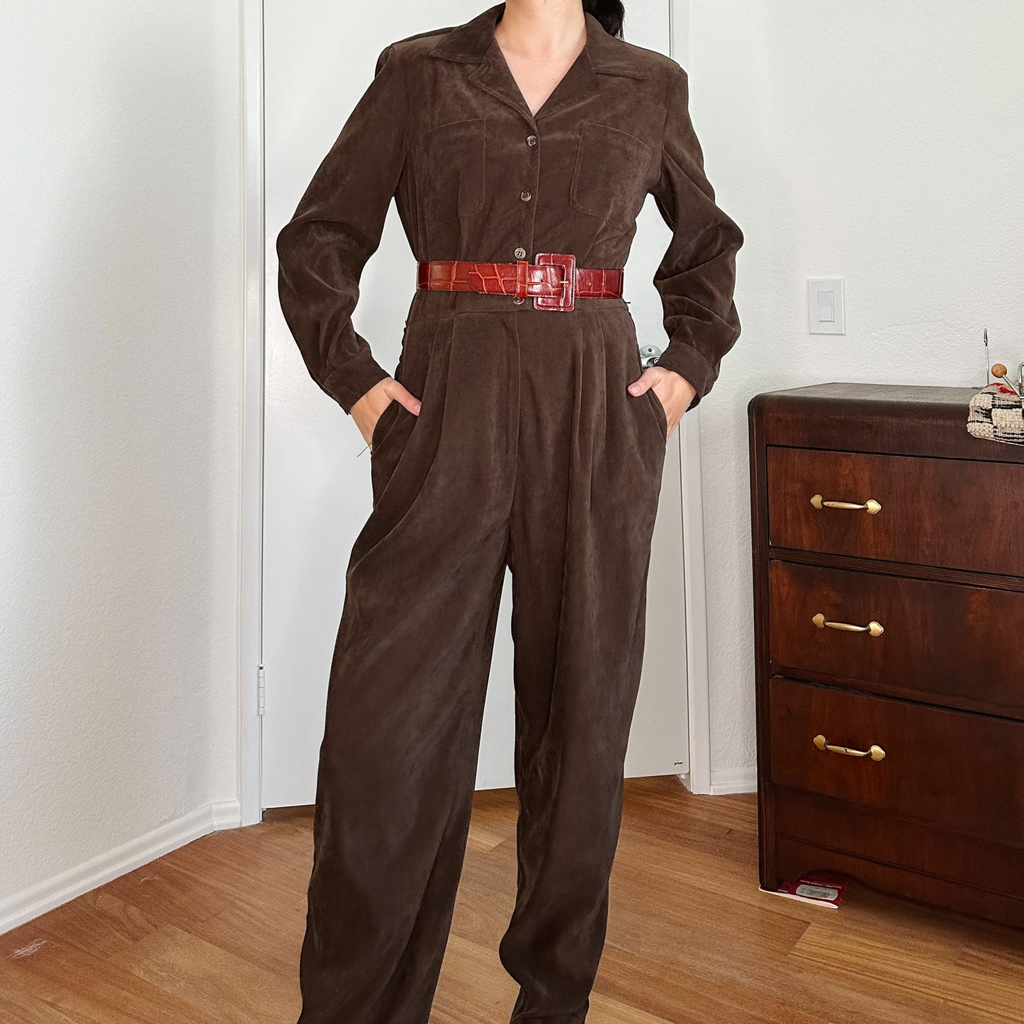 80's Brown Faux Suede Jumpsuit | L