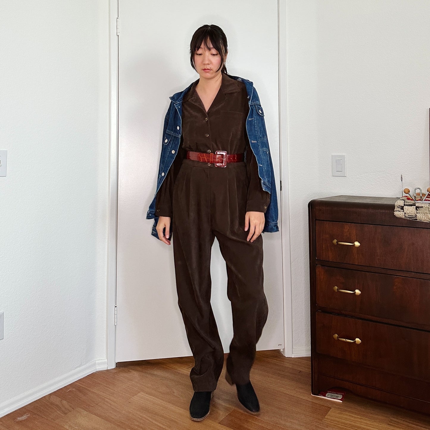 80's Brown Faux Suede Jumpsuit | L