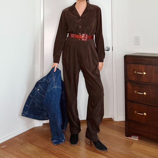 80's Brown Faux Suede Jumpsuit | L