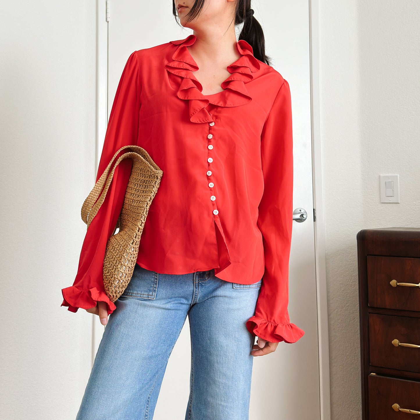 80's Cherry Red Ruffle Blouse | M