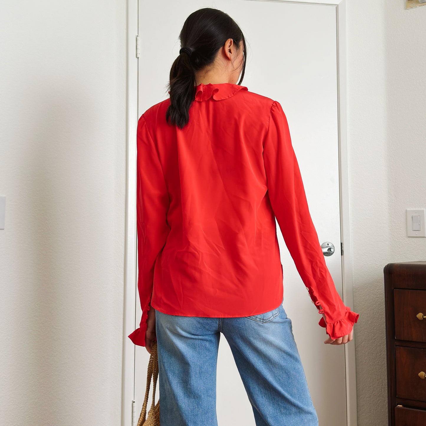 80's Cherry Red Ruffle Blouse | M