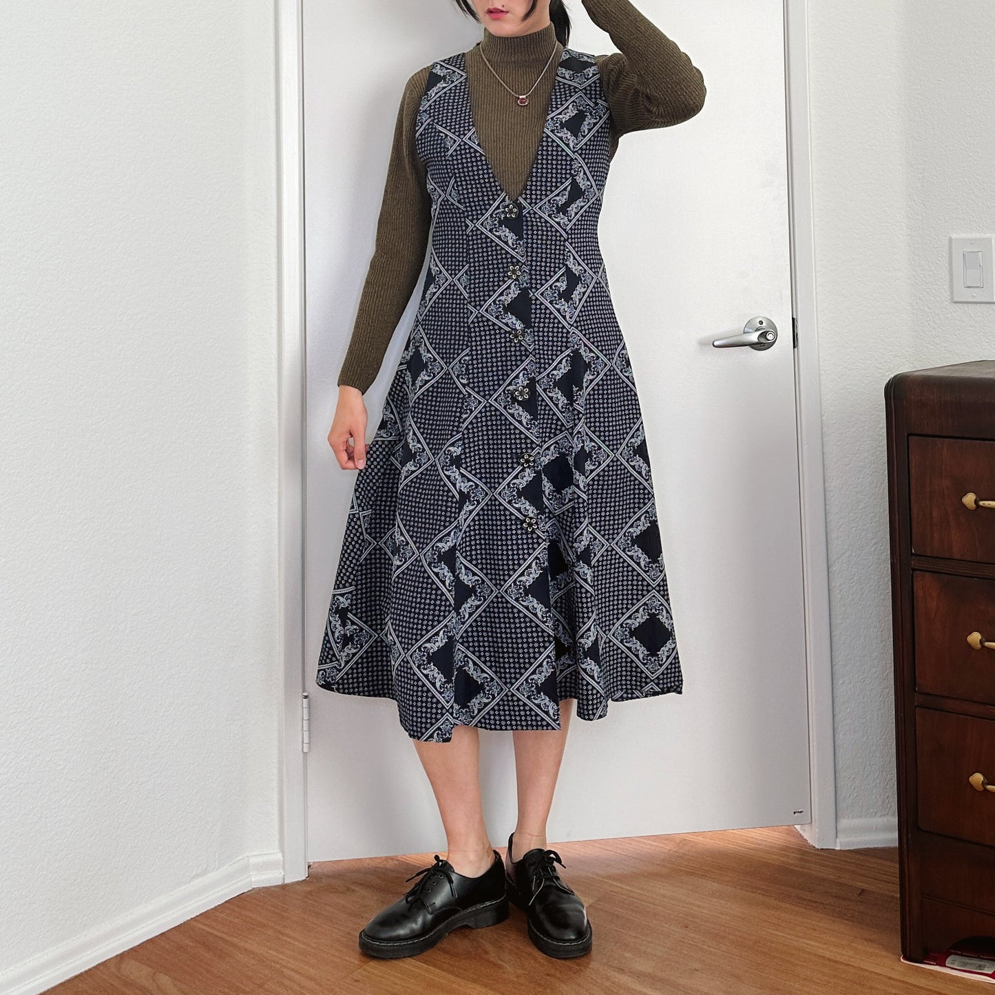 80's Navy Paisley Print Jumper Dress | S-M