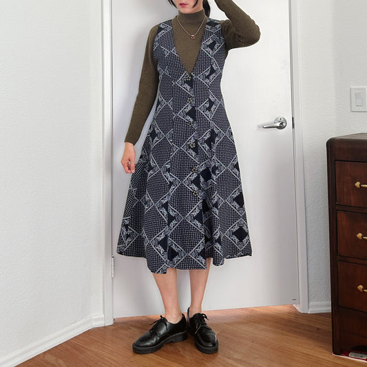 80's Navy Paisley Print Jumper Dress | S-M