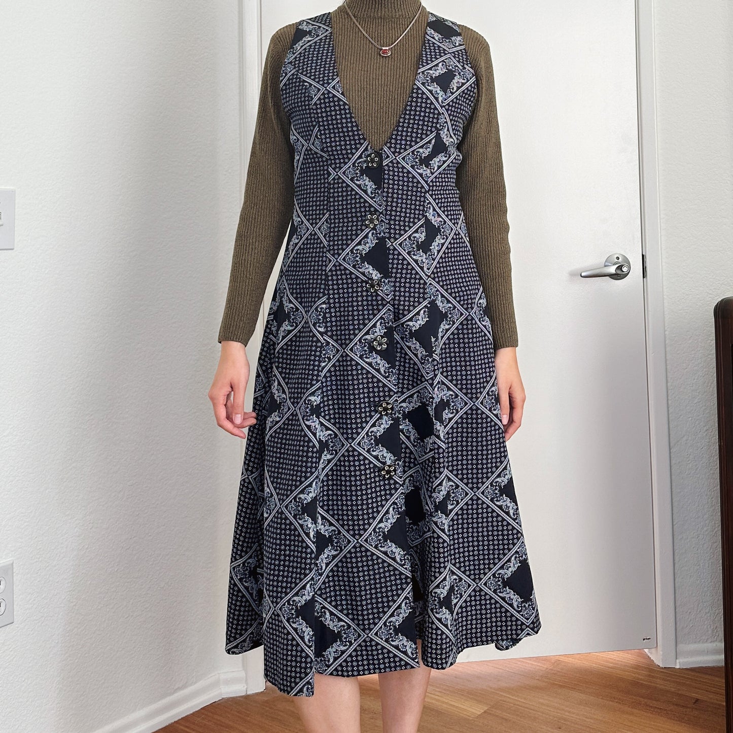 80's Navy Paisley Print Jumper Dress | S-M