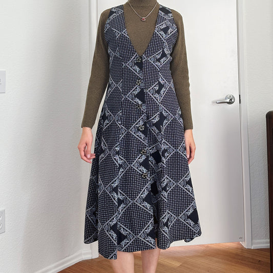 80's Navy Paisley Print Jumper Dress | S-M