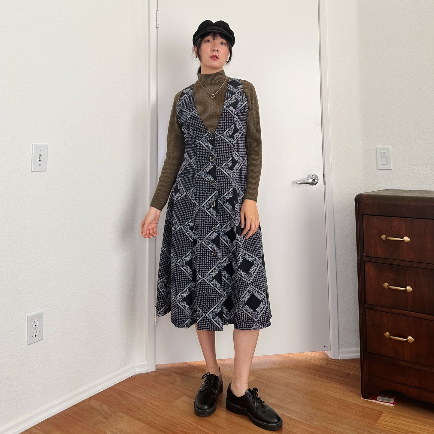 80's Navy Paisley Print Jumper Dress | S-M