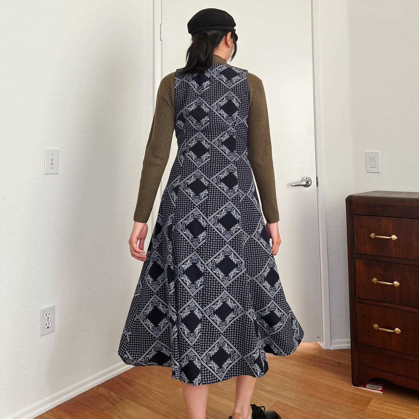 80's Navy Paisley Print Jumper Dress | S-M