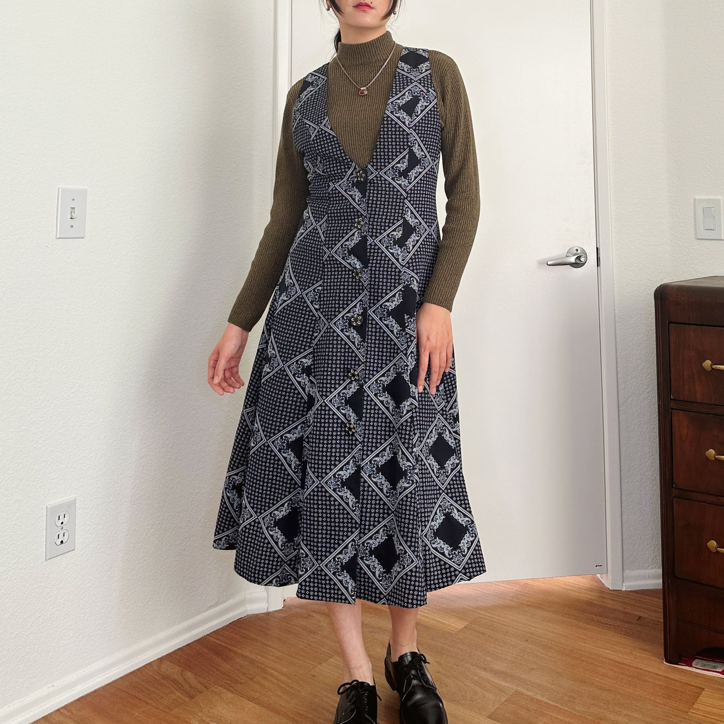 80's Navy Paisley Print Jumper Dress | S-M