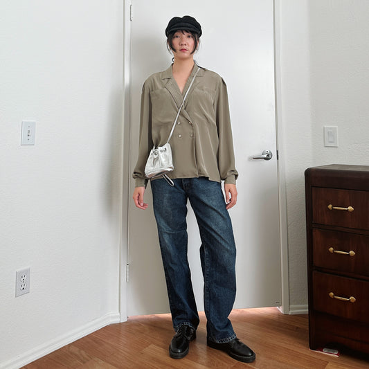 80's Olive Green Drape Blouse | L