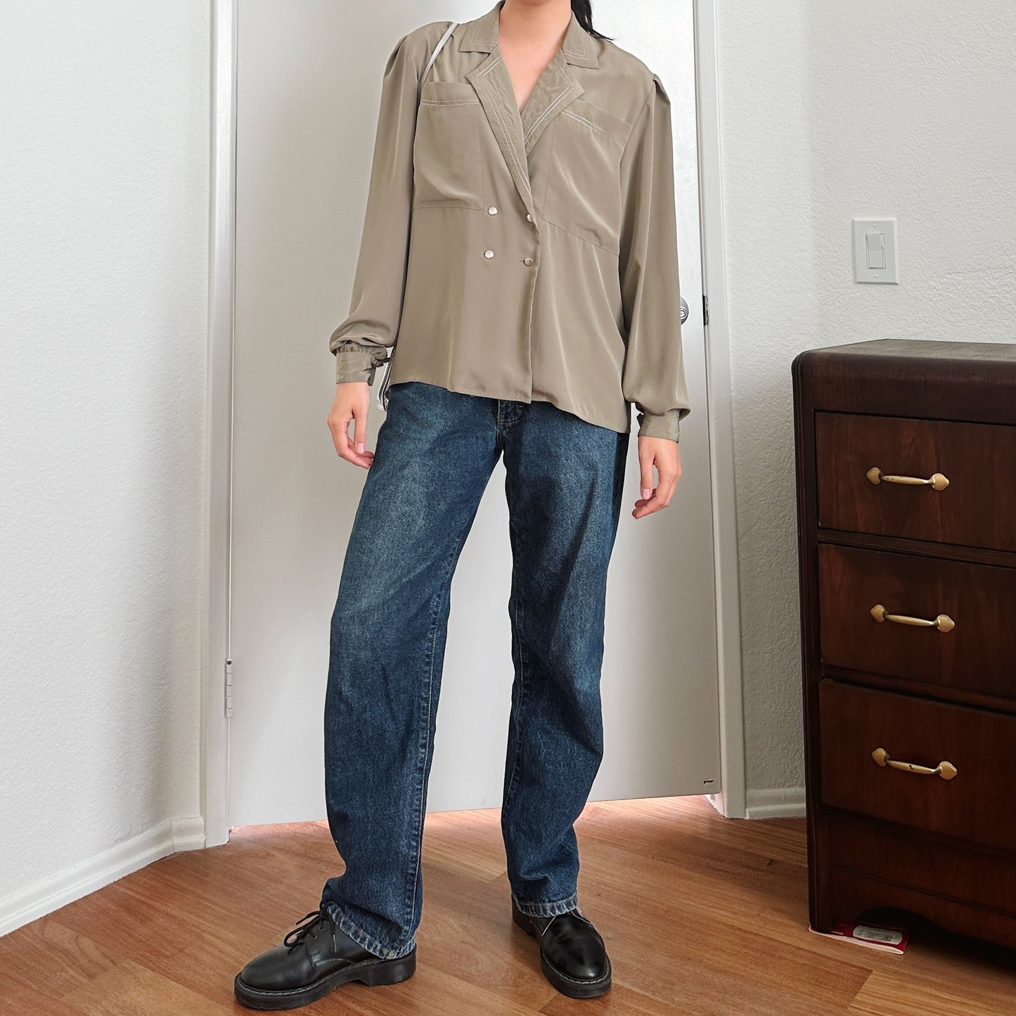 80's Olive Green Drape Blouse | L