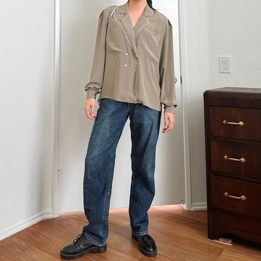 80's Olive Green Drape Blouse | L