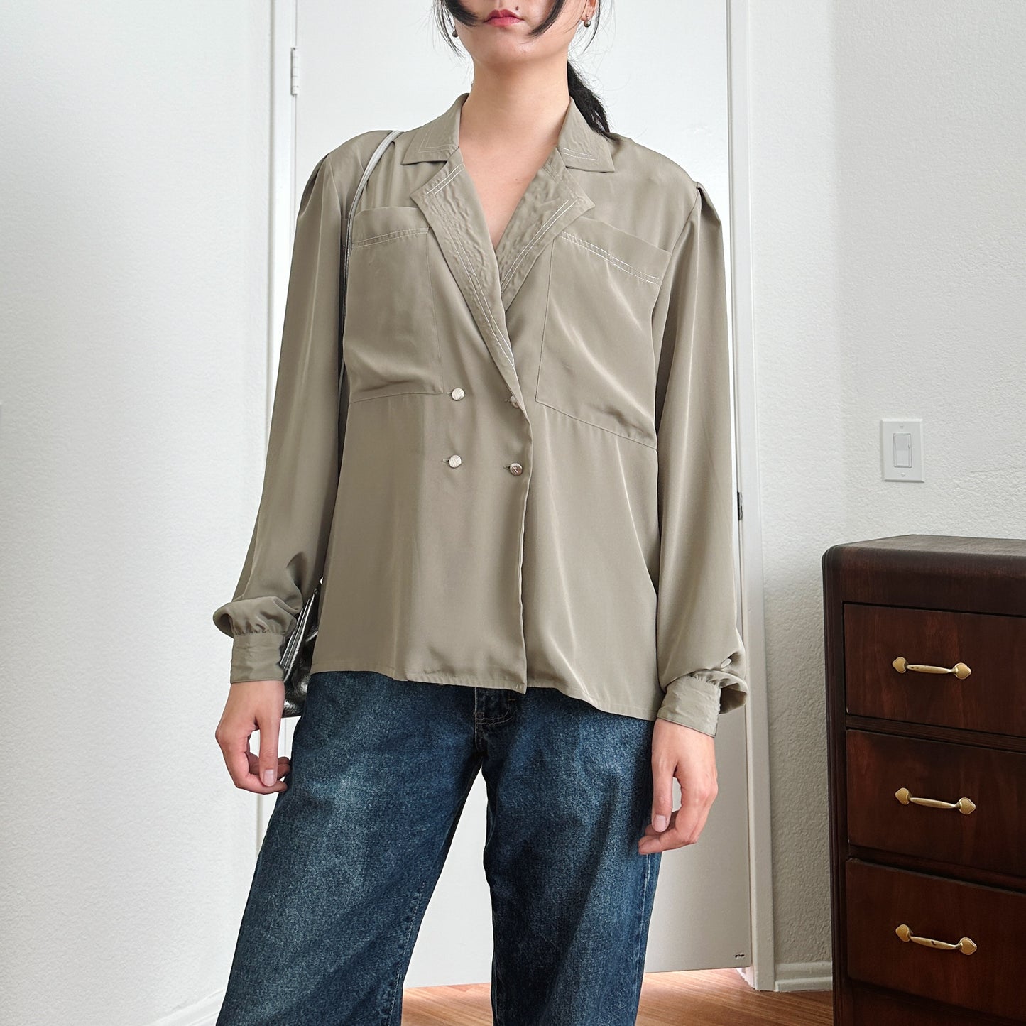 80's Olive Green Drape Blouse | L