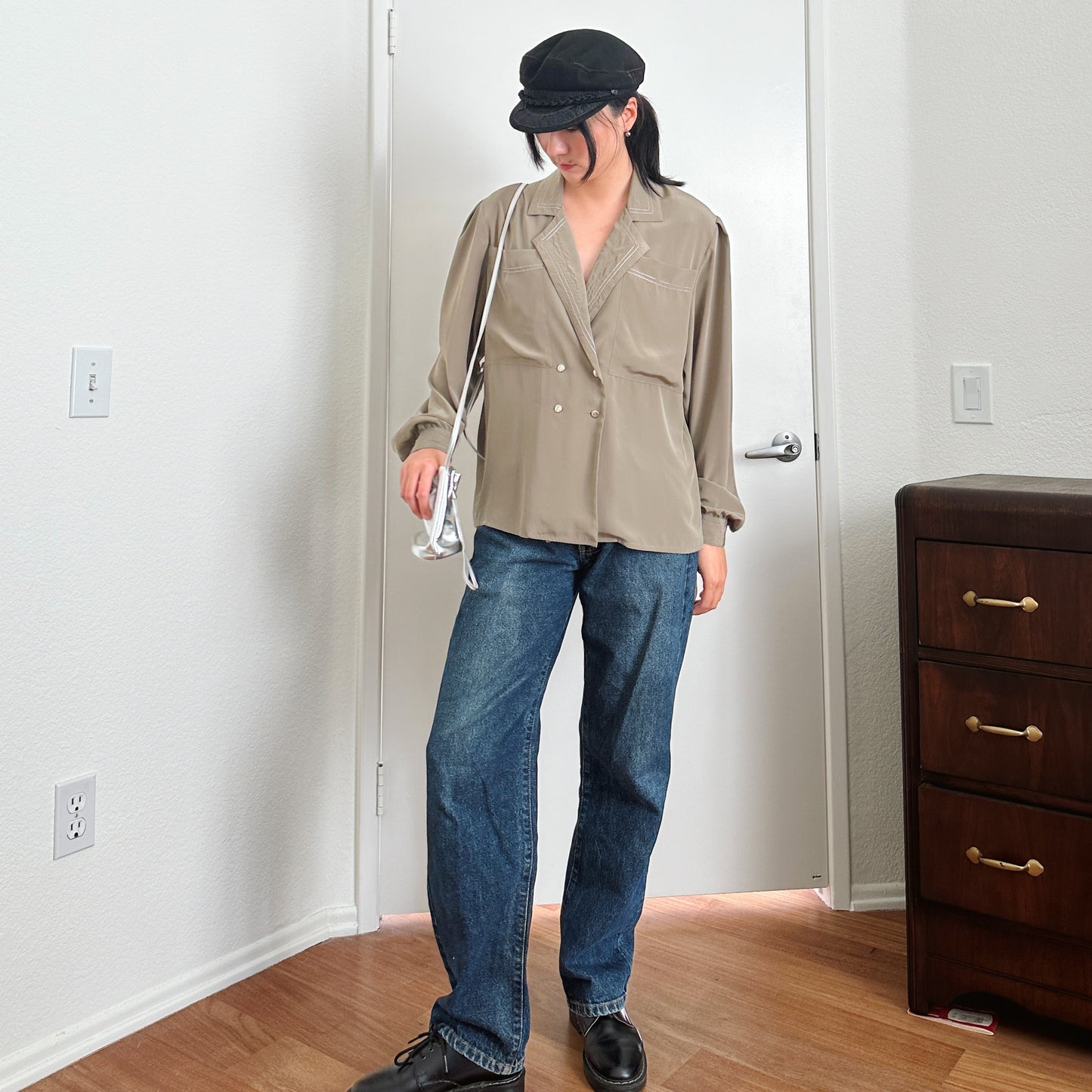 80's Olive Green Drape Blouse | L