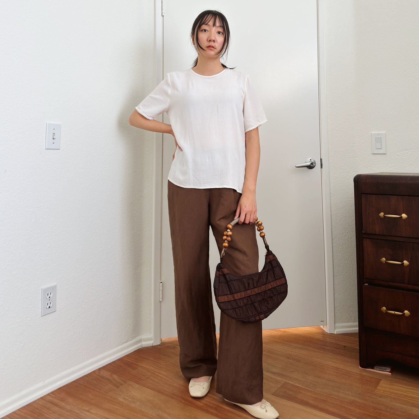 80's Textured Cream Short Sleeve Blouse | M/L