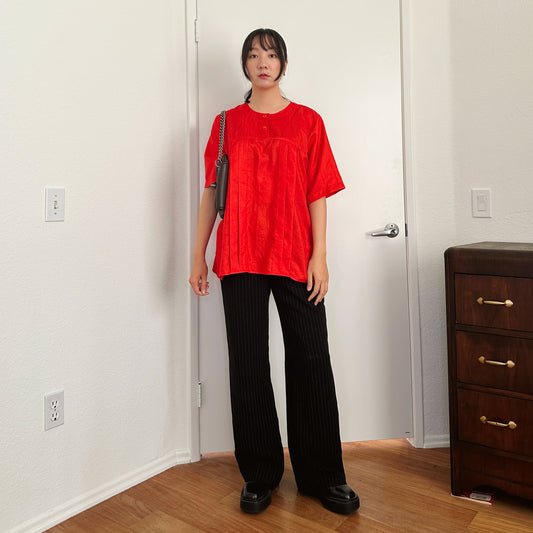 80's Tomato Red Silky Blouse | XL