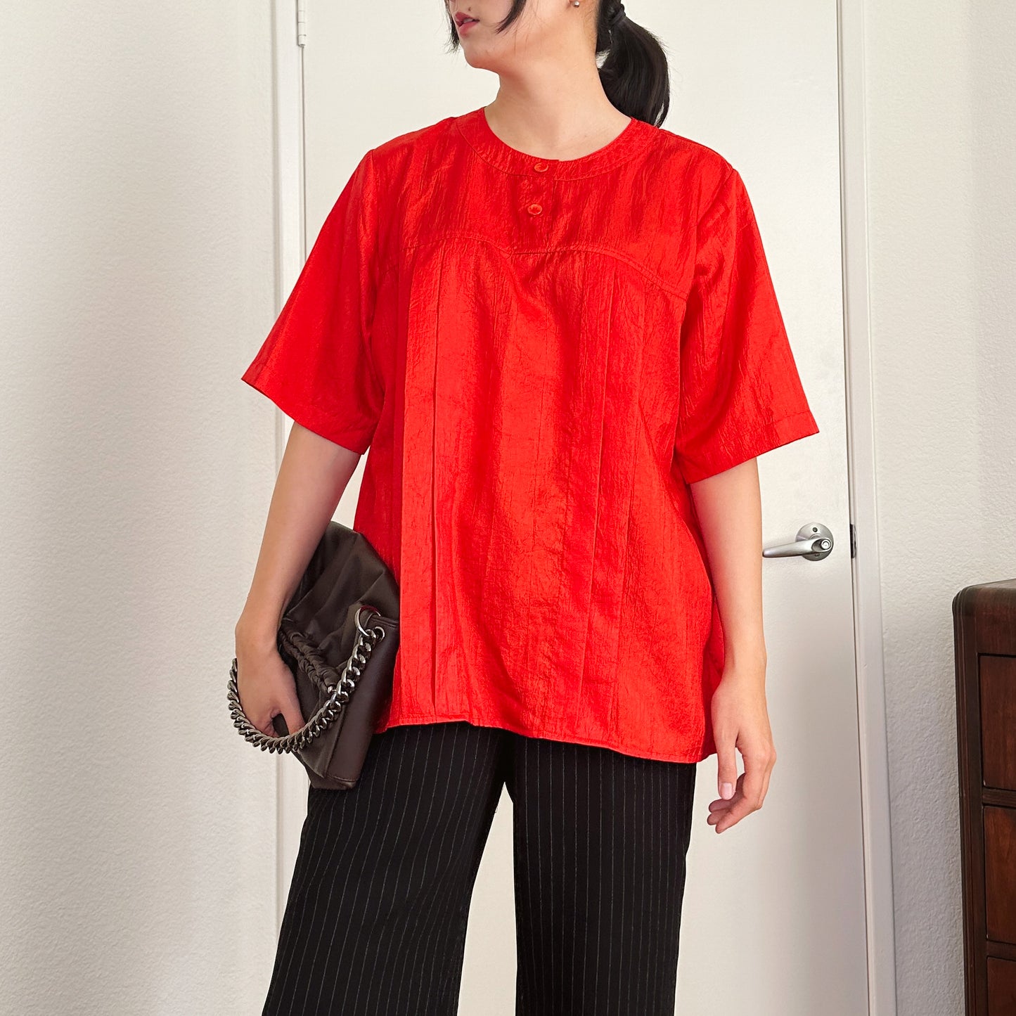 80's Tomato Red Silky Blouse | XL