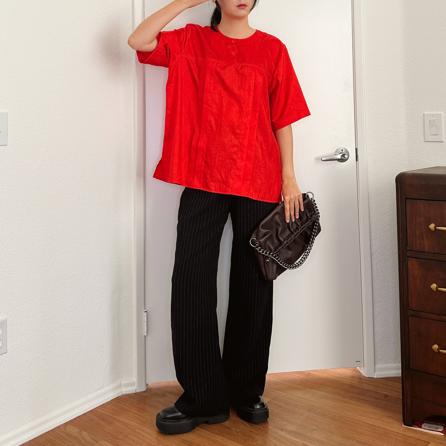 80's Tomato Red Silky Blouse | XL