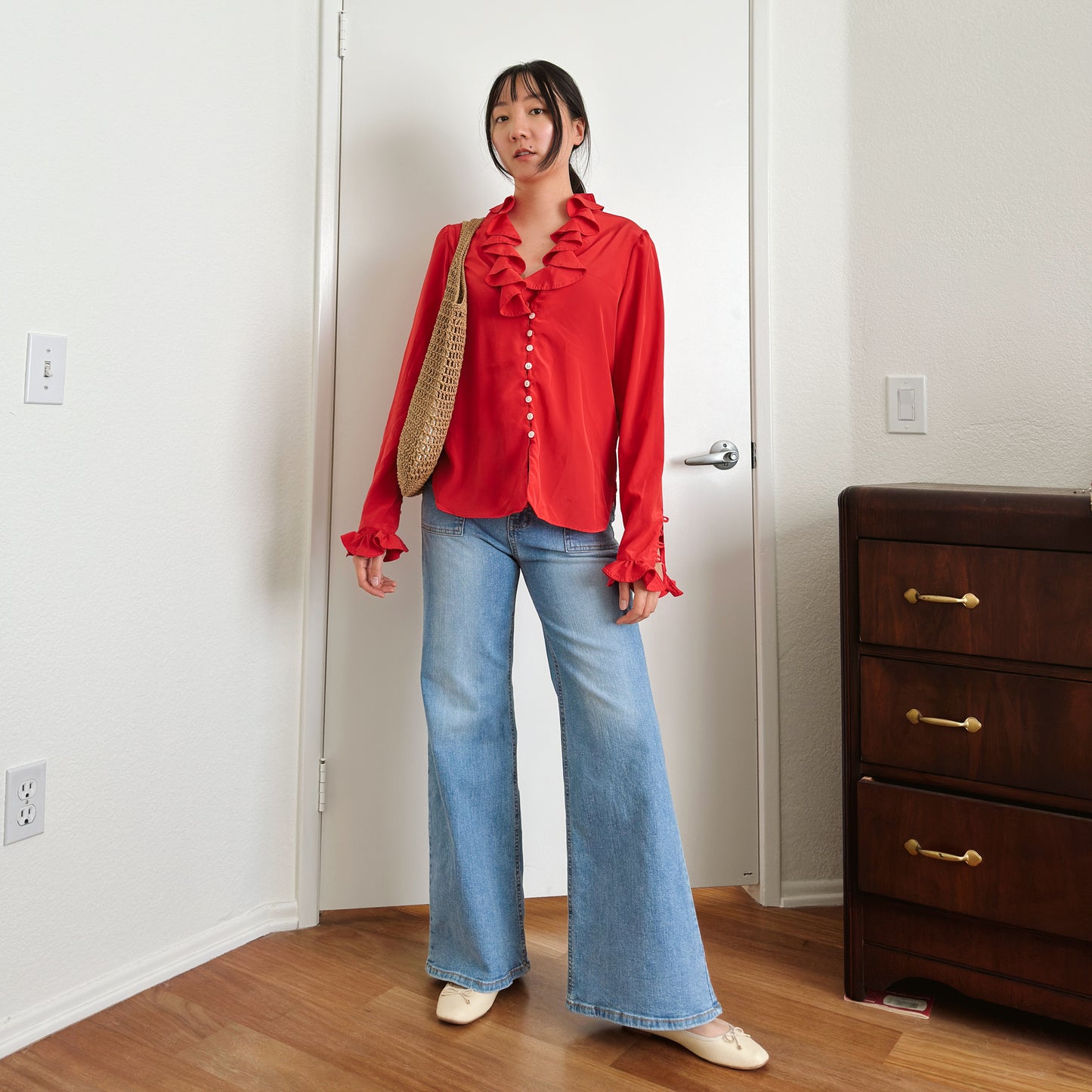 80's Cherry Red Ruffle Blouse | M