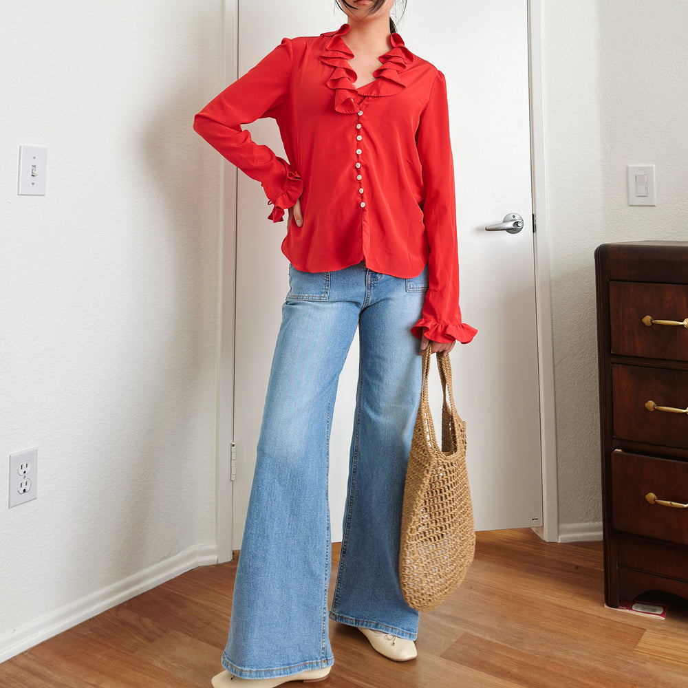 80's Cherry Red Ruffle Blouse | M