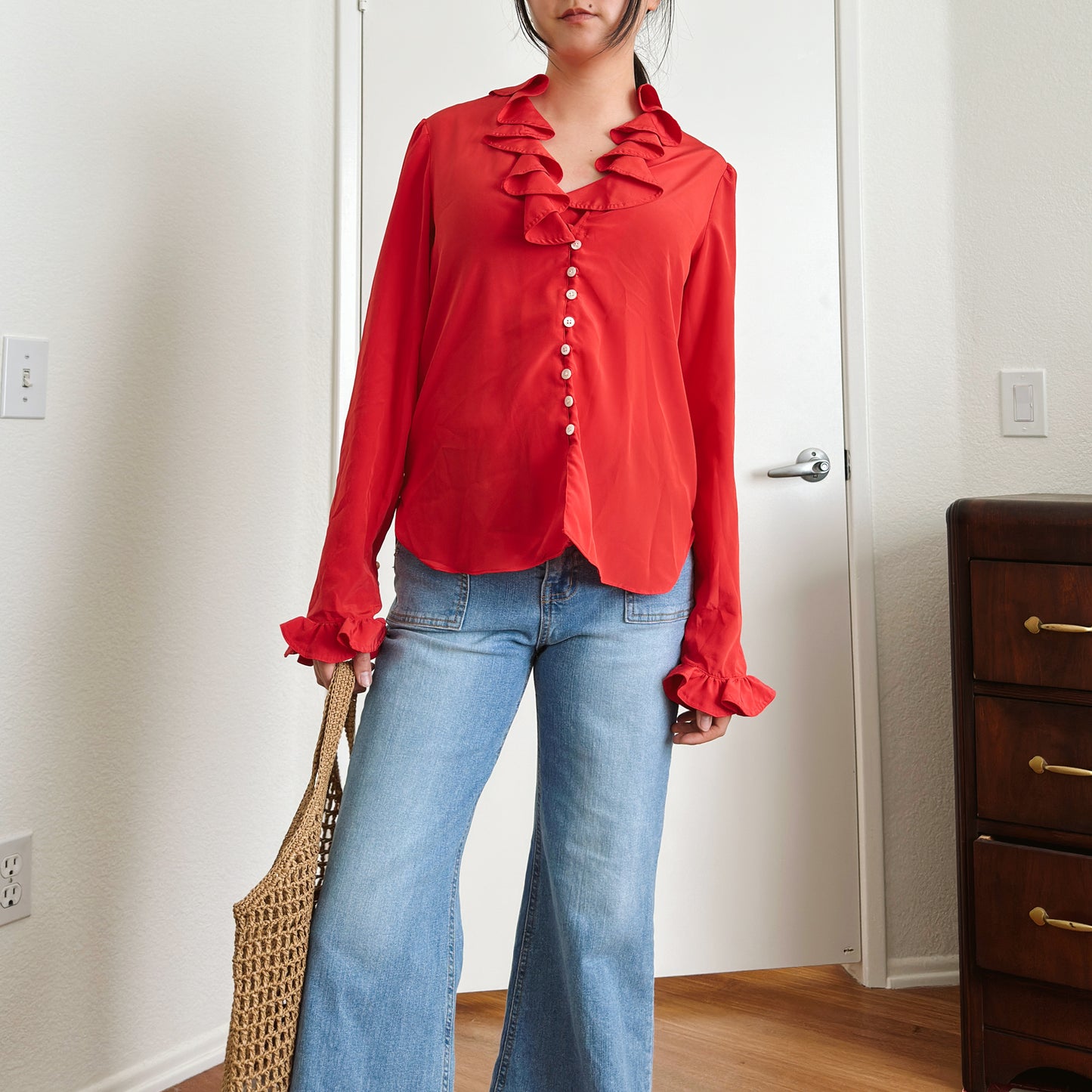 80's Cherry Red Ruffle Blouse | M
