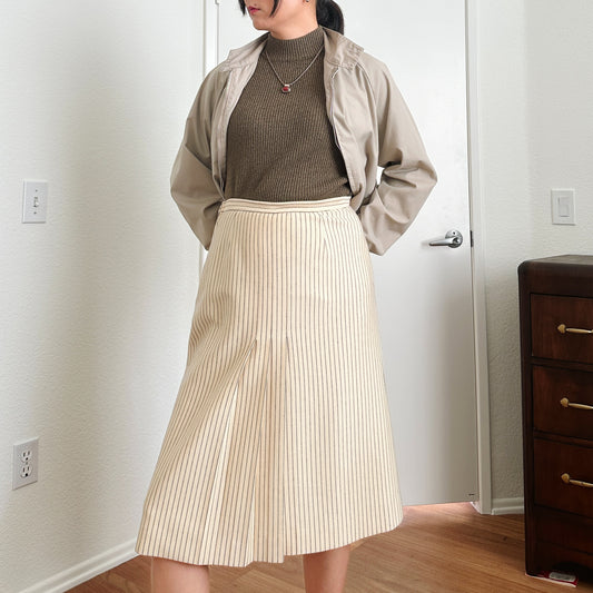 80's Cream Pinstripe Pleated Skirt | M