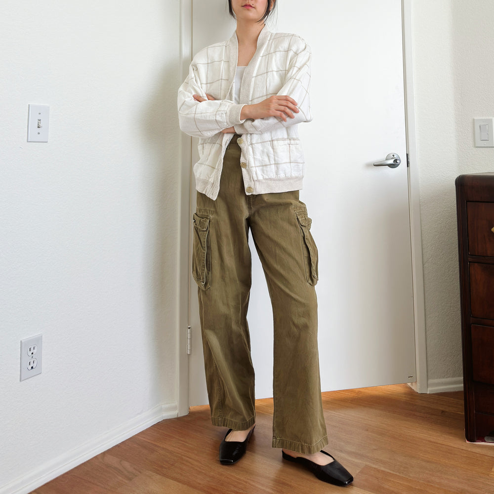 80's Cream Windowpane Linen Cardigan | M