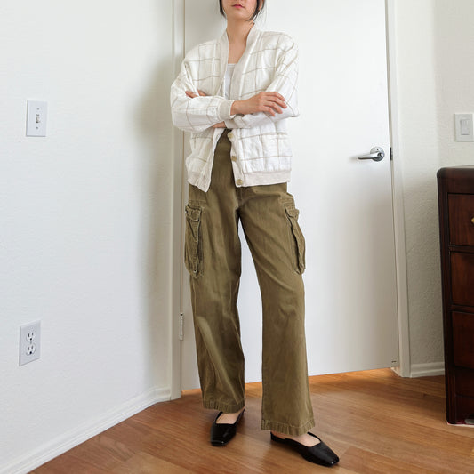 80's Cream Windowpane Linen Cardigan | M