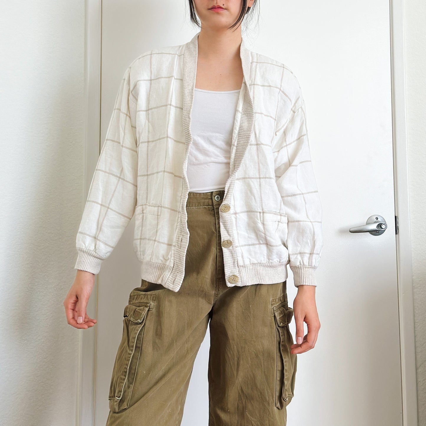 80's Cream Windowpane Linen Cardigan | M