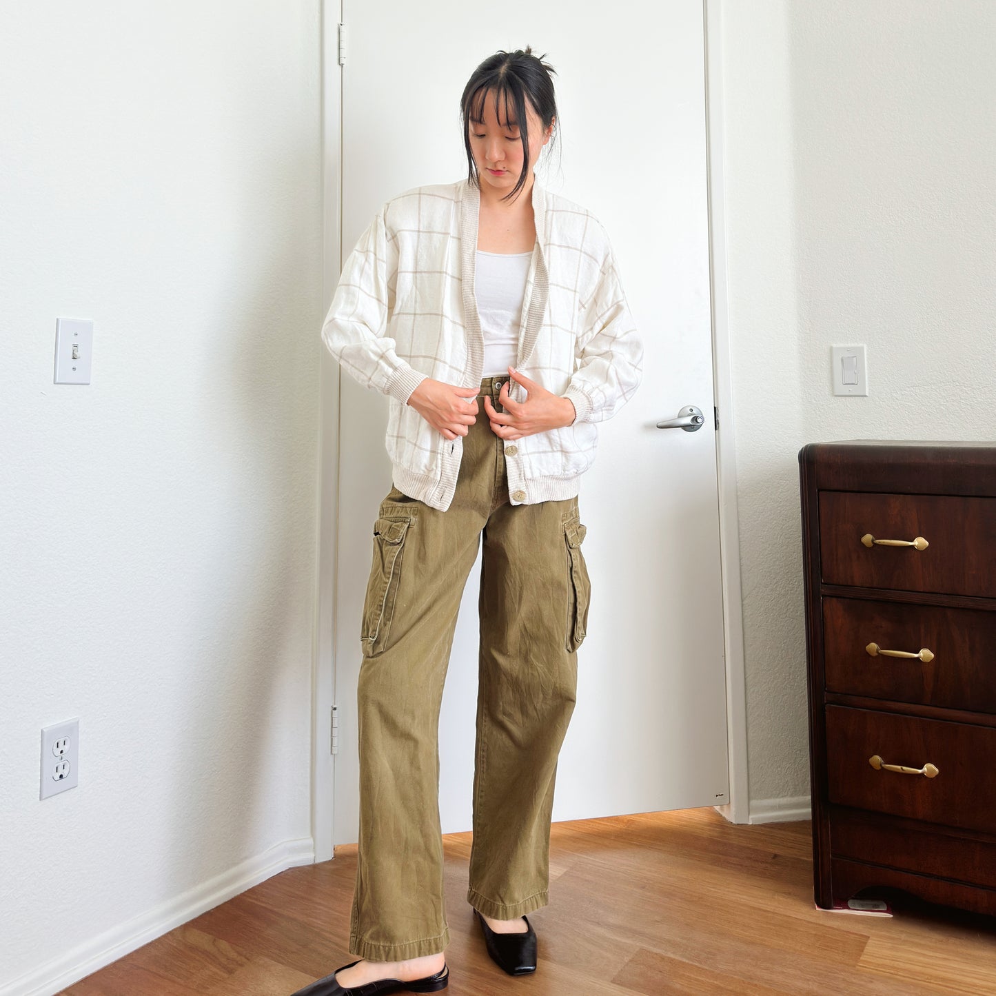 80's Cream Windowpane Linen Cardigan | M