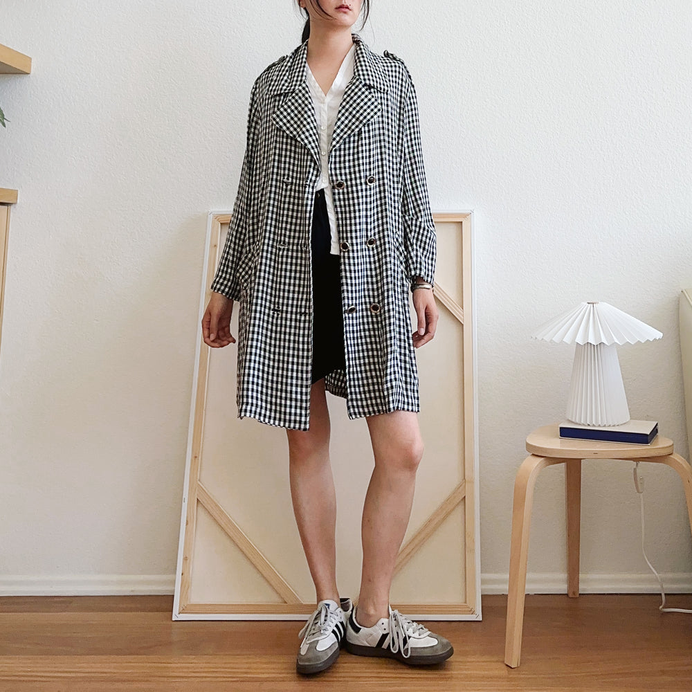 80's Gingham Plaid Black and White Trench Coat | L