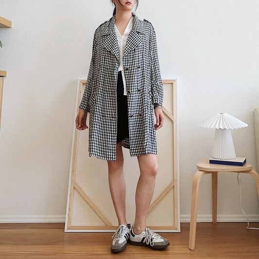 80's Gingham Plaid Black and White Trench Coat | L