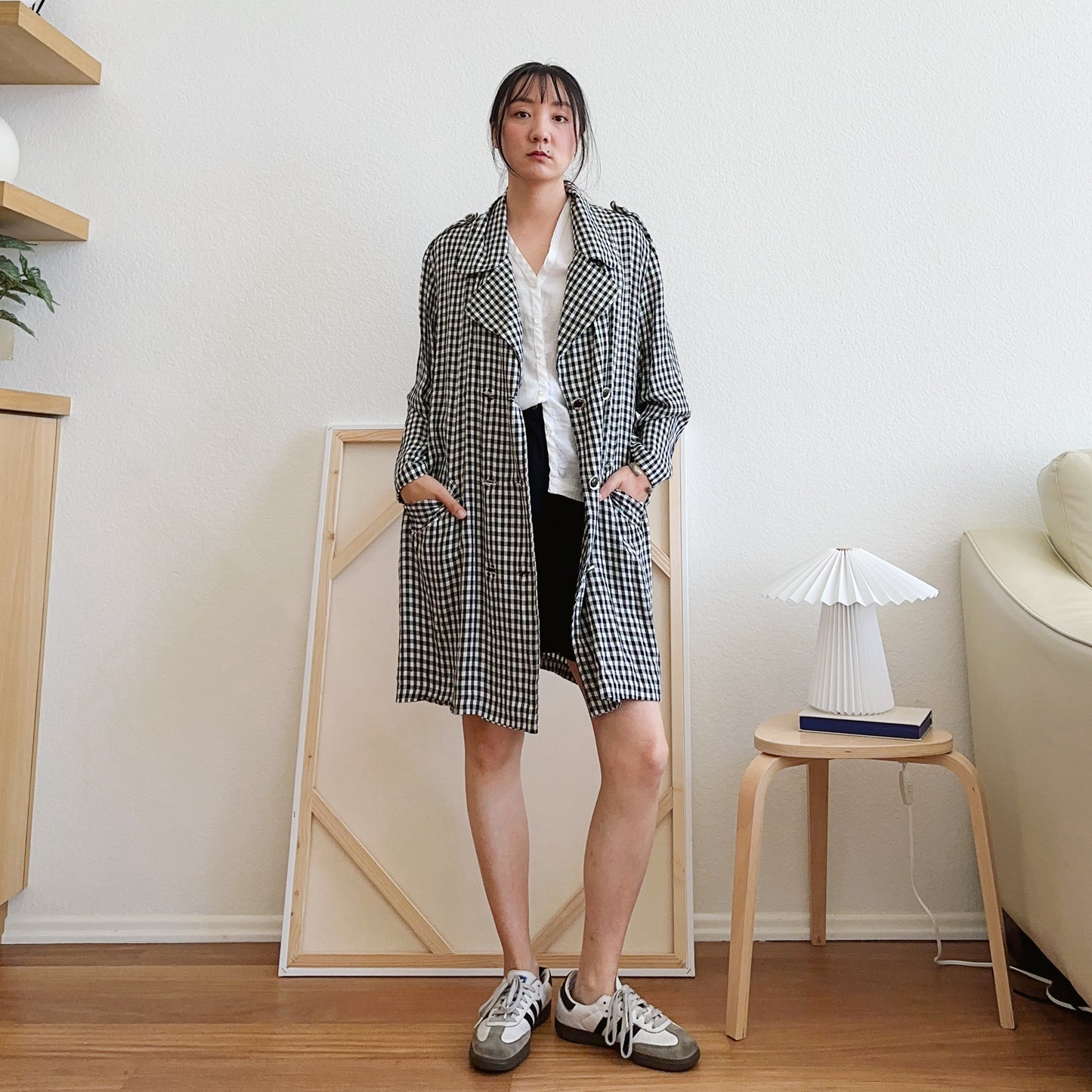 80's Gingham Plaid Black and White Trench Coat | L