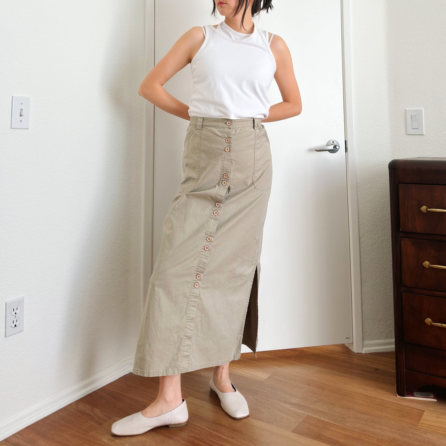 80's Olive Button Down Maxi Skirt | L/XL