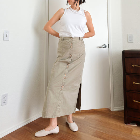 80's Olive Button Down Maxi Skirt | L/XL