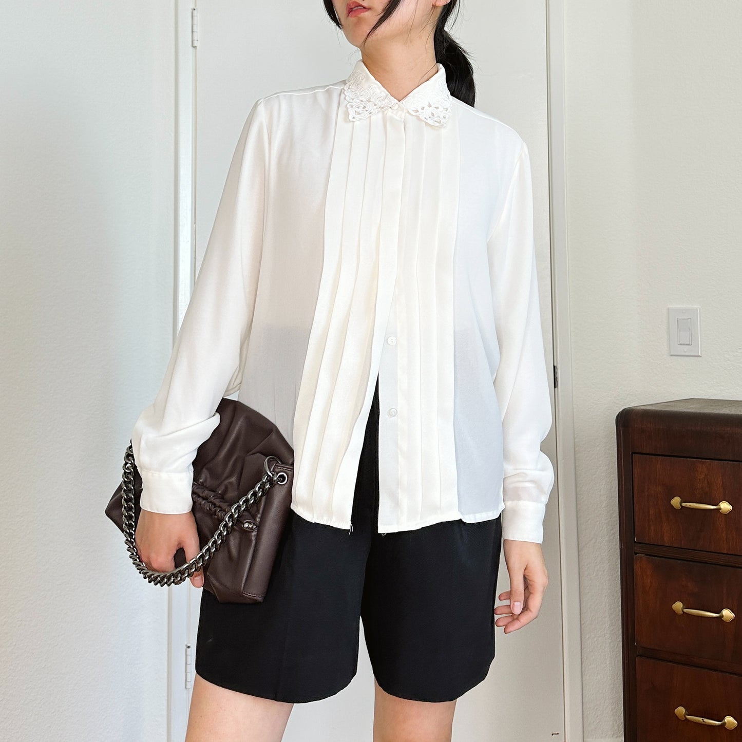80's Oyster Lace Cutwork Collar Blouse | L