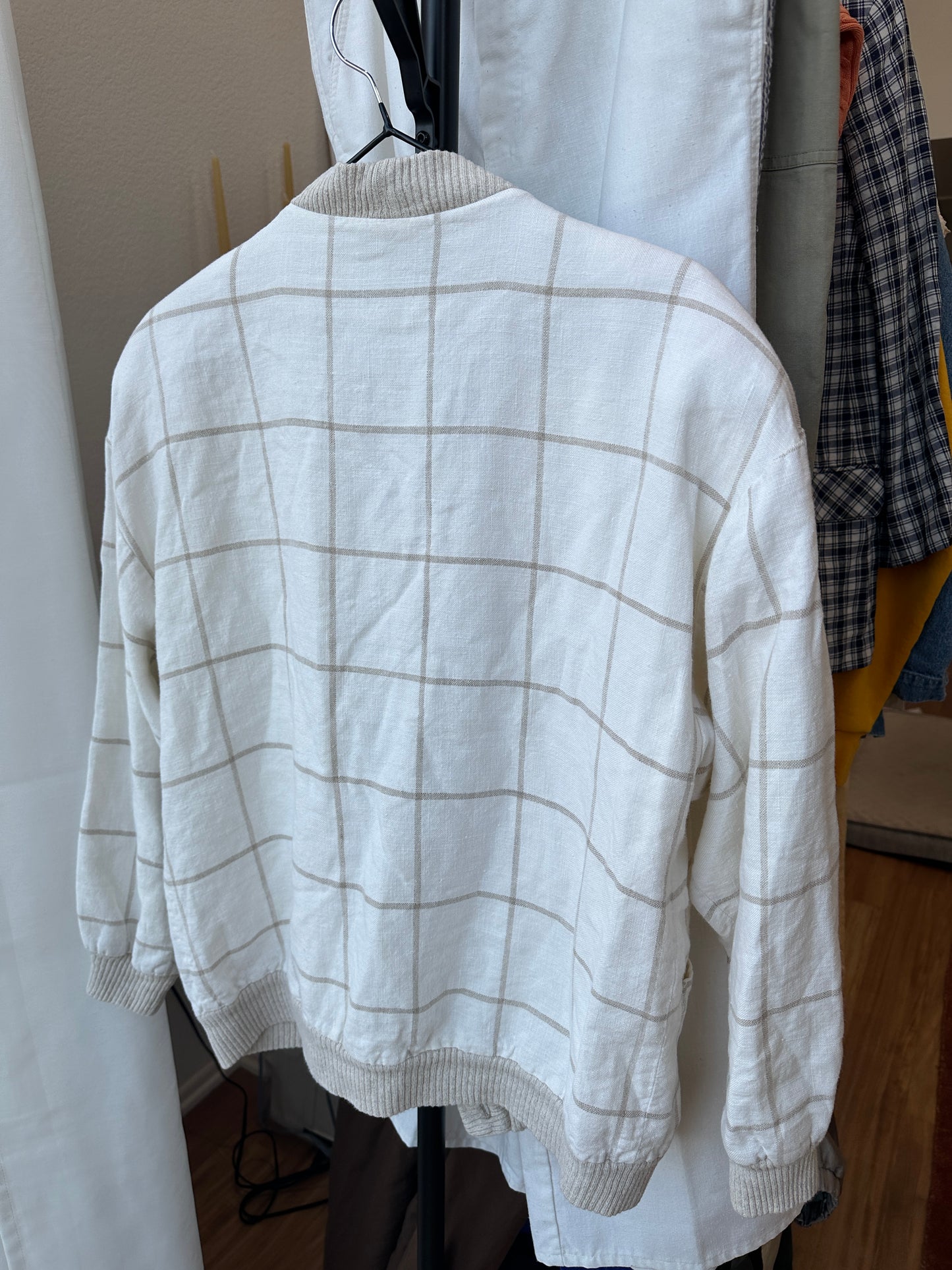 80's Cream Windowpane Linen Cardigan | M