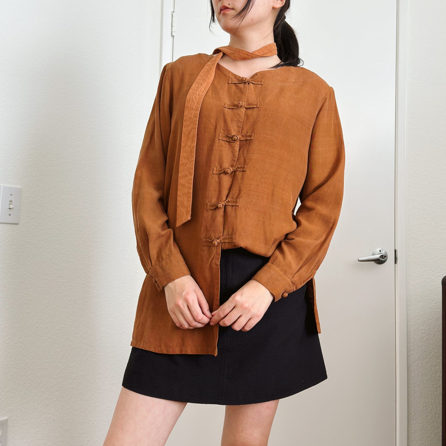 90's Brown Silk Knot Button Blouse | M