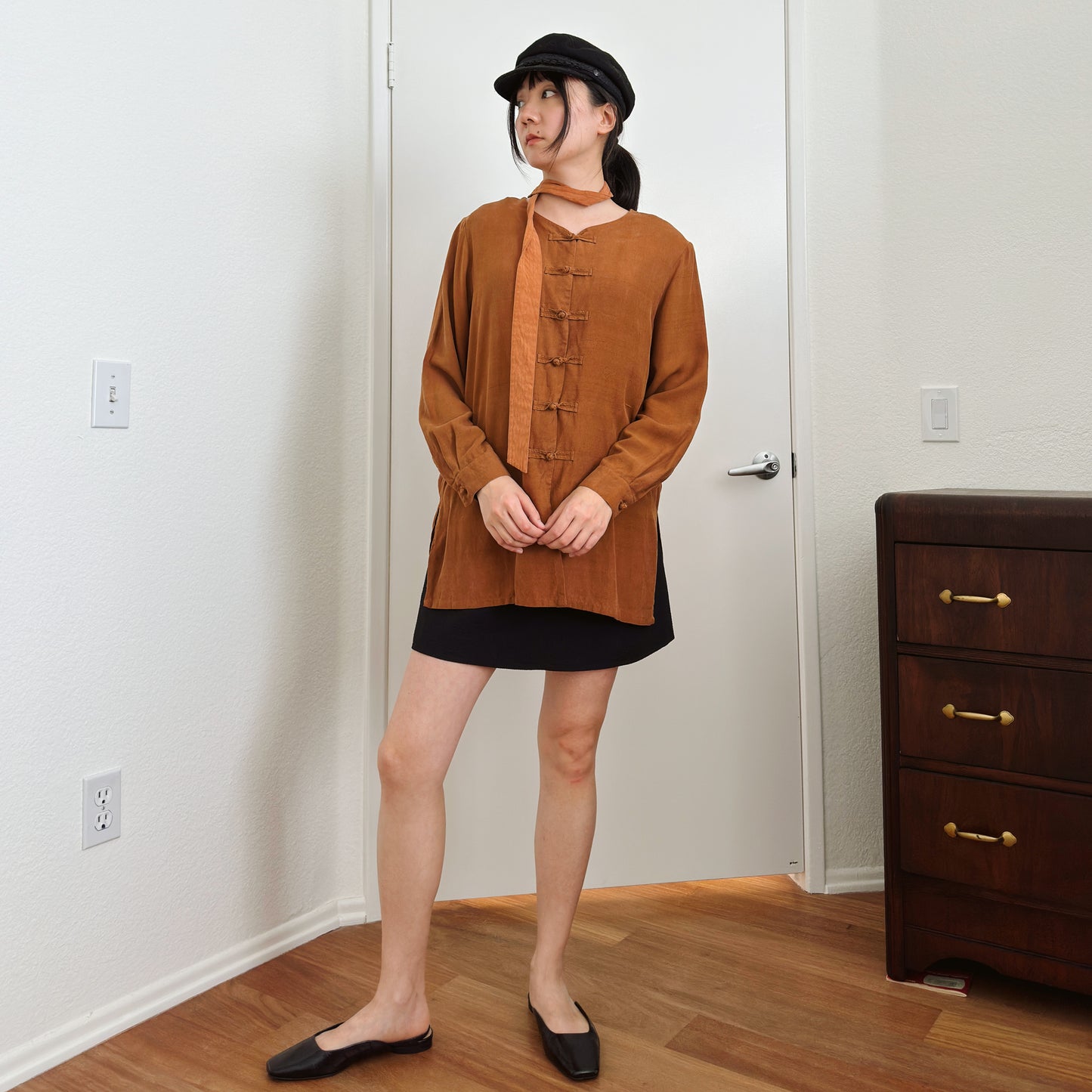 90's Brown Silk Knot Button Blouse | M