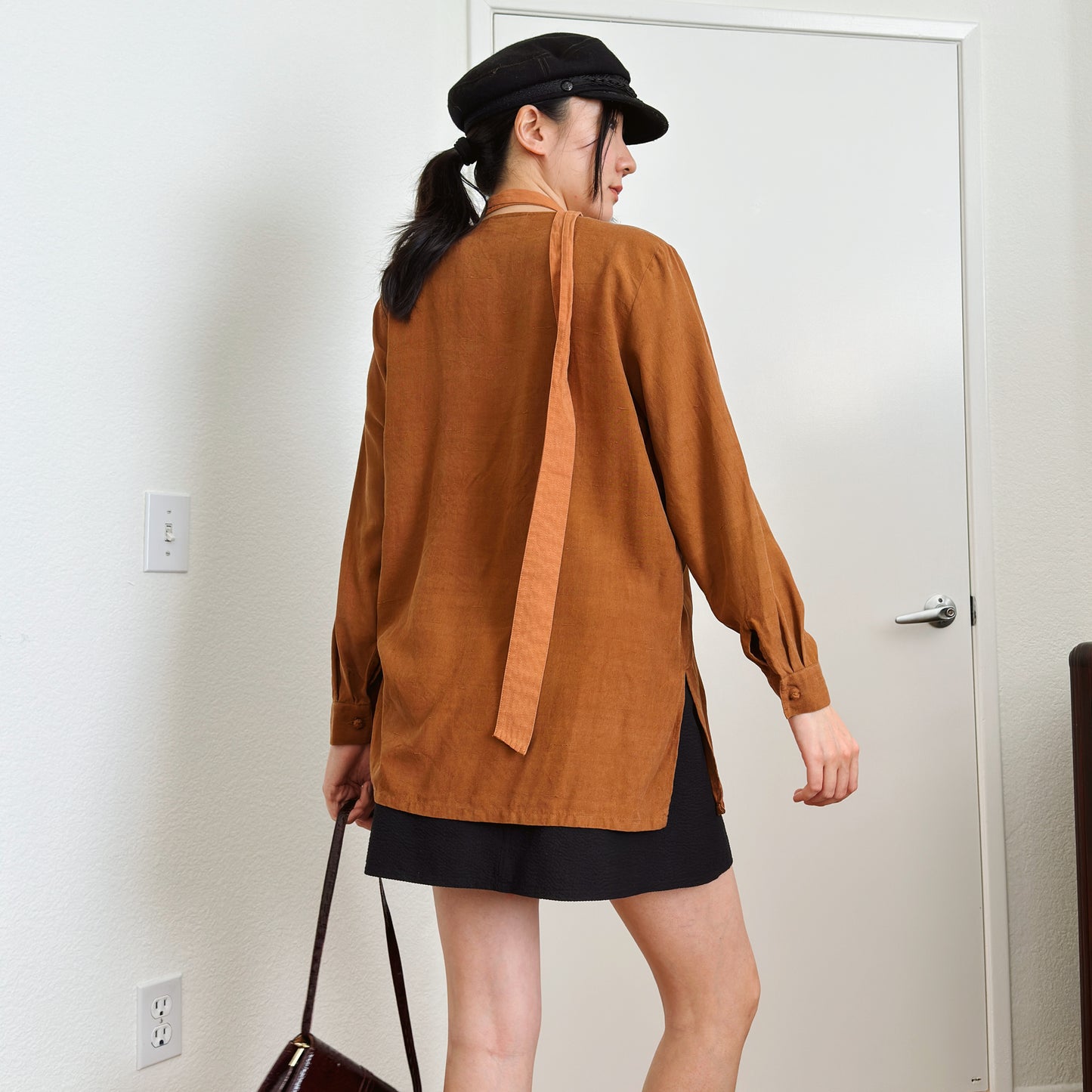 90's Brown Silk Knot Button Blouse | M