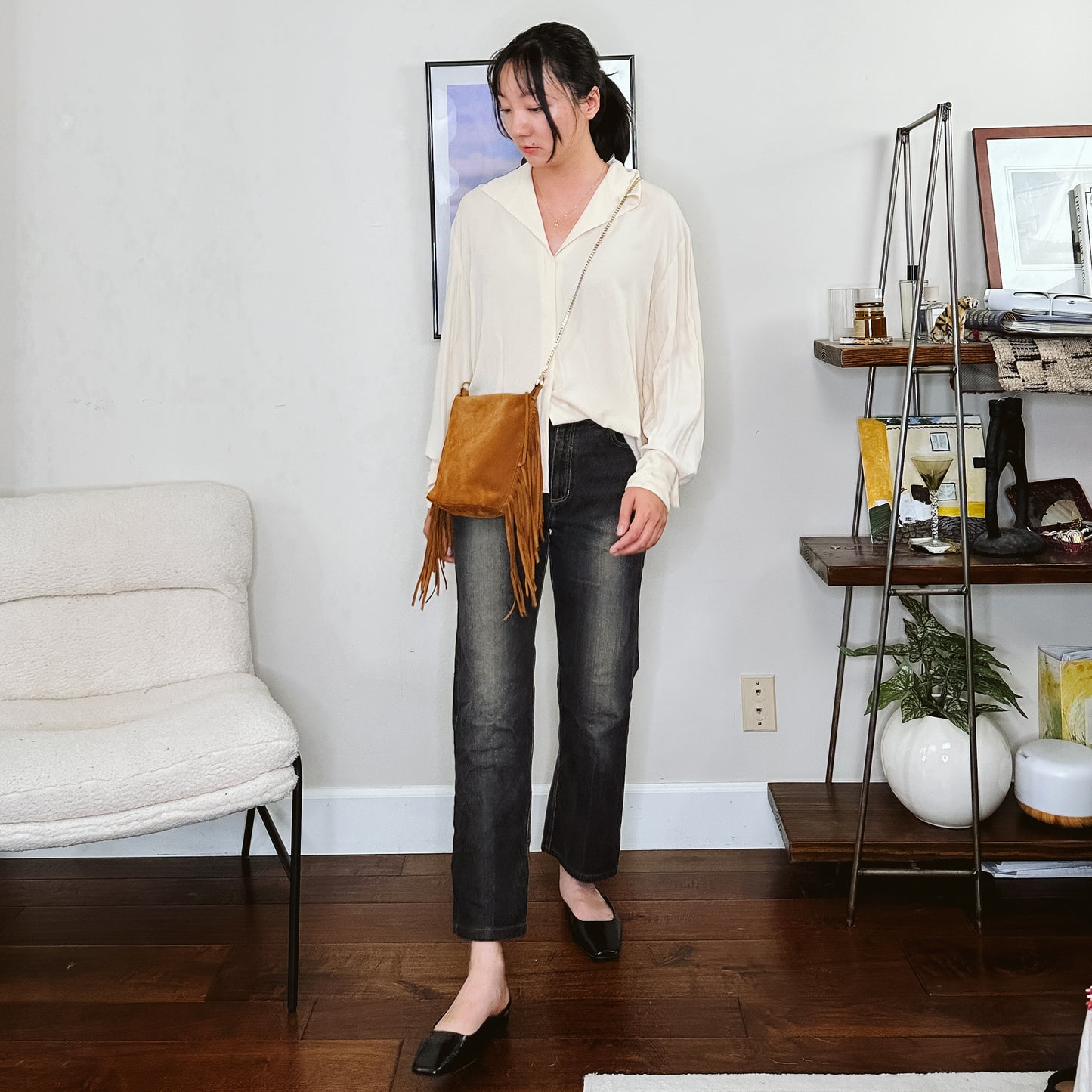 90's Cream Silk Minimal Button Down Shirt | L