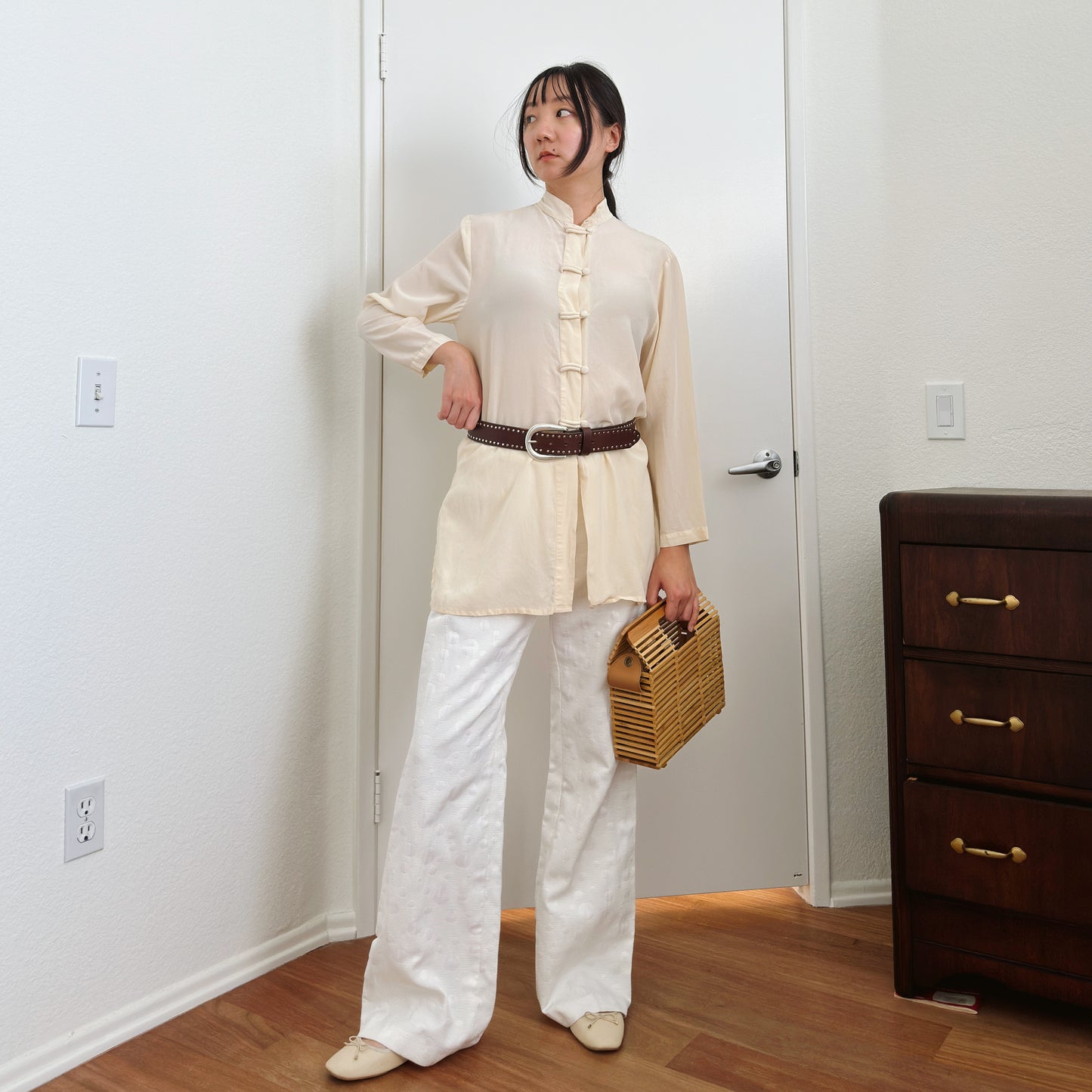 90's Cream Stand Collar Shirt | M