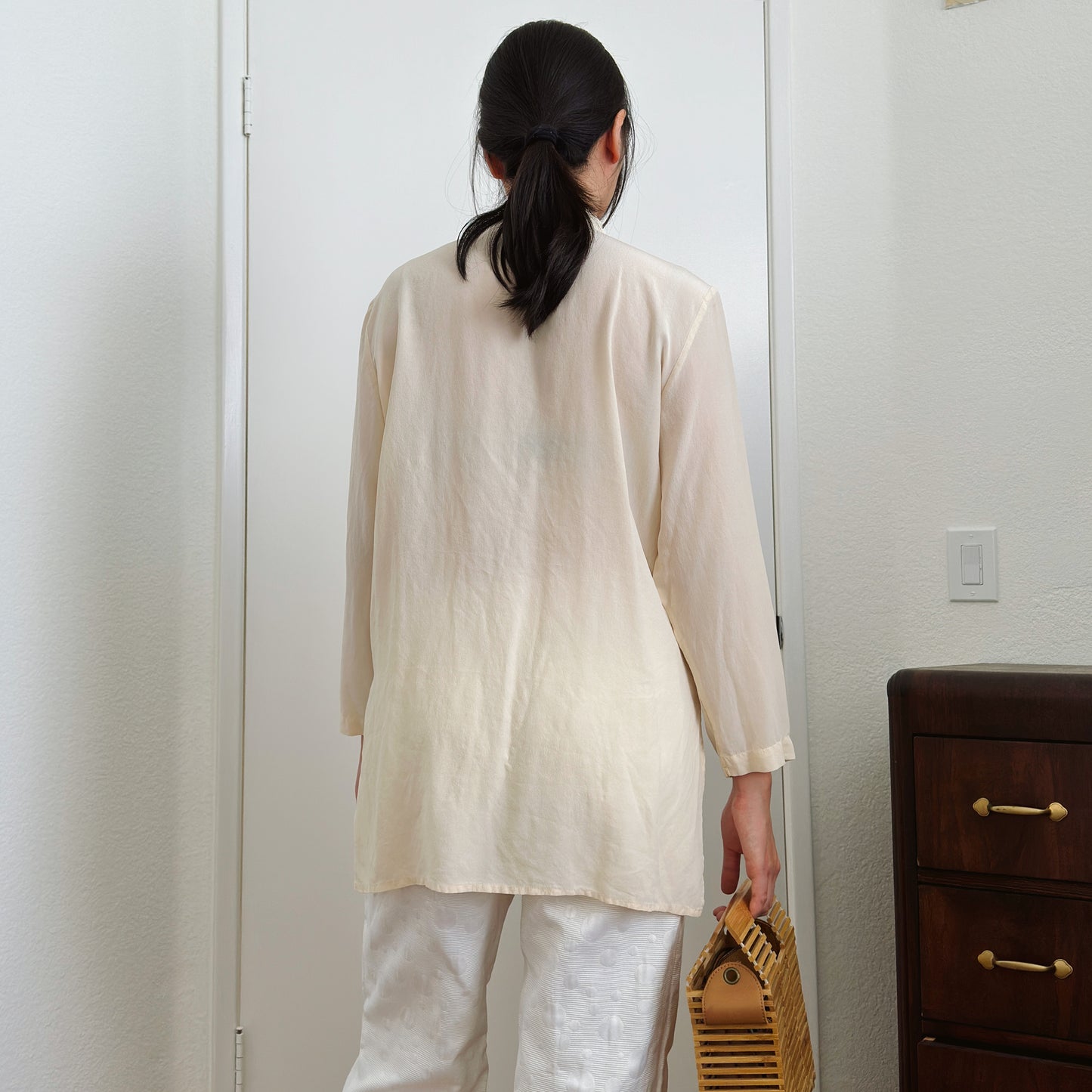 90's Cream Stand Collar Shirt | M